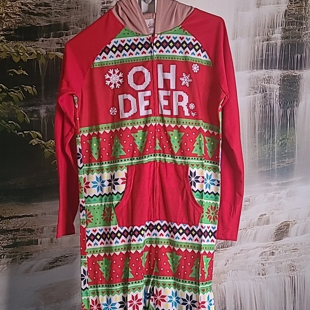 Justice OH DEER Kids 12 Pajamas onesie hoodie Holiday Reindeer warm festive Pjs